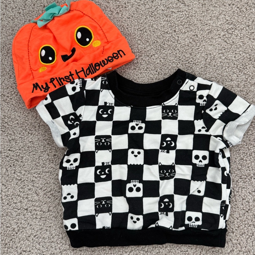 Cat & Jack Checkered top & first Halloween pumpkin hat